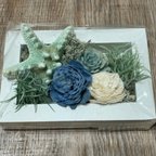 作品wood box flower shellfish BLプリザーブドフラワー　ドライフラワー　wedding髪飾り　ピアノ発表会　送別会　ドレスアップ　クリスマス　ハロウィン　バレンタイン　