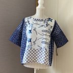 作品【浴衣リメイク】桔梗のショート丈ブラウス・Tシャツ(パッチワーク)