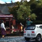 作品たこ焼き屋とホンダZのあるピンコロ石の歩道　Takoyaki shop and Honda Z