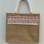 作品インド刺繍リボンジュートバッグ　ピンクレース