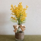 作品ミモザ　ブーケ　ウェルカムスペース　造花　フェイクグリーン　ドライフラワー　前撮り　花瓶　ウェディングブーケ