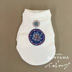 作品手縫い刺繍ドッグトレーナー　＜青のフラワーダンス＞サイズM