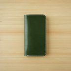 作品牛革 iPhone15 Plus / 15 Pro Max カバー  ヌメ革  レザーケース  手帳型  グリーンカラー 