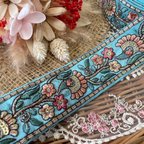 作品【1mカット済】インド刺繍リボン　花　刺繍リボン　ブルー　青　スパンコール　ハンドメイド　リボン　刺繍