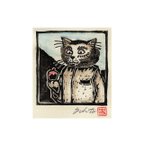 作品【木版画】ネコとリンゴ ★藤宮史(フジミヤ フヒト)★ #猫の版画 #猫のイラスト #版画家 #作家もの