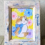 作品猫イラスト(原画) 矢車草とねこ　ミニイラスト　リメイク額