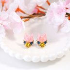 作品【春限定】◇夜桜◇桜色の猫とビジューが輝くピアス/イヤリング