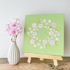 作品【送料無料】木製ファブリックパネル　桜リース刺繍　グリーン　23×23cm