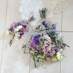 作品2点set　瑠璃玉アザミと彩り小花のドライフラワースワッグ 花束 ブーケ