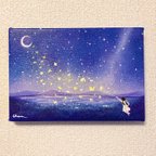 作品蝶々を追いかける少女　星空　アクリル画　原画