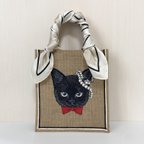 作品オリジナル 黒 猫 手描き ジュートバッグ ねこ ネコ バッグ 鞄 size S スカーフ付　カゴバッグ　かごバッグ　black cat