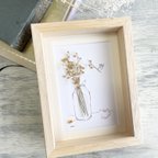 作品原画　「花瓶と小鳥と」ミモザ　かすみ草　プリザーブドフラワー使用　ボックスフレーム