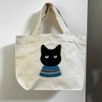 作品青セーター猫キャンバスバッグ