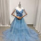 作品カラードレス キャミソール 薄青  シースルー袖 柔らかく重ねたチュールスカート 結婚式 前撮り