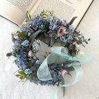 作品❤︎.new*blue limeガーデン 紫陽花リース ブルーライム リー ブルー 母の日 お洒落　お祝い　ウェディング　結婚式　誕生日　ウェディングリース　新築祝い　夏リース