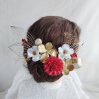 作品水引細工・鶴の羽と林檎の花の和装ヘアアクセ　着物ヘアアクセサリー　髪飾り　タイトシニヨン　シニヨンヘア　成人式　結婚式　白無垢　卒業式　振袖　袴　着物　水引　水引アレンジ　