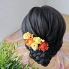 作品ヘッドドレス❀髪飾り　ラプンツェル  オレンジ ラナンキュラス ヘアアクセサリー 　造花　ウェディング 　発表会　卒園式　成人式　卒業式　フラ