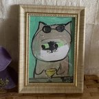 作品絵画。原画手描【サングラスをかけてシャンパンを飲む猫ちゃん】