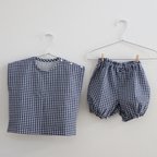 作品甚平みたいなサラッと涼しいベビー服 かぼちゃパンツと上着のセット 【ネイビーギンガムチェック】80女の子　男の子　水遊び　夏祭り　セットアップ