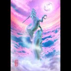 作品龍の絵「月と昇龍・青龍」自作A4　竜の絵