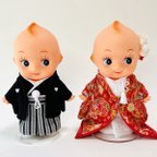 作品ウェルカムドール / 和装ウェディングキューピー (赤い色打掛) / Bride & Groom Kewpies in Japanese kimonos