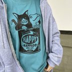 作品猫とカエルのTシャツ（ヘイジーグリーン）【L】男女兼用