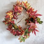 作品【秋の造花リース】秋の落ち葉のスクエアリース