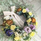 作品春花wreath〜スカビオサ×ラナンキュラス×ローズ  ギフト お祝い 母の日