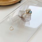 作品グレー リボン スマホケース アクアマリン