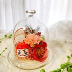 作品赤椿と縁起だるまのお正月飾り＊毎年飾れるガラスドーム入り