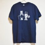 作品ネコ柄tシャツ、ネイビー、綿100%  送料無料