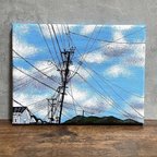 作品「清々しい青空ともくもくの雲と電柱」アクリル画　アートパネル　原画