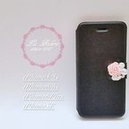 作品【iPhone全機種】ピンクローズと輝くビジューのiPhoneケース（ブラック）/アイフォンケース/アイホンケース