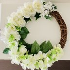 作品”限定一点 新作” 明るい紫陽花とバラの白色 フラワー リース （40センチ）プレゼント・結婚　お祝い　ドアリース フラワーブーケ