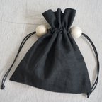 作品ウッドビーズ 巾着バッグ(linen black)