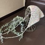 作品‪☆手編み UVコットン バブーシュカ ヘッドドレス 三角巾‪☆ラメ入りパステル