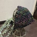 作品‪☆手編み UVコットン バブーシュカ ヘッドドレス☆ラメ入りカラフル ブラック