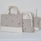 作品♡再販【通園、通学】【3点セット】くま刺繍ギンガムチェック　レッスンバッグ、上履き入れ、お着替え袋　〈入園〉〈入学〉〈絵本袋〉