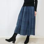 作品再6☆手織り綿絣ロングスカート、インディゴ縞絣、オールシーズン