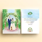 作品 オーダーメイド新郎・新婦オリジナルイラストの結婚式招待状、返信はがき、封筒セット