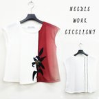 作品【NEEDLE WORK EXCELLENT】フレンチスリーブＴブラウス　縦　生成×グラデーション赤×黒 
