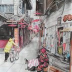 作品水彩画原画　鳳凰古城の老夫婦