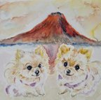 作品❮似顔絵❯ 開運・赤富士とペットの絵 :犬 猫 水彩画 イラスト