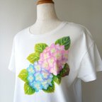 作品値下げ　 手描き　青とピンクのあじさいTシャツ