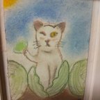 作品野菜を食べる猫。　パステル画