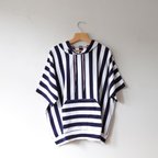 作品半袖パーカーTシャツ 白紺ストライプ Fサイズ(L〜4L)