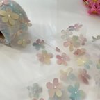 作品新作★チュール　りぼん★3D お花★パステル系　6㎝