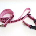作品小型～中型犬首輪リードセット/ヒョウ柄ピンク 1.5cm幅