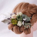 作品【ドライフラワー】グリーン系ベースの髪飾り　ヘッドドレス　卒業式　結婚式
