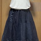 作品着物リメイク　シンプル　絣(木綿)のパッチワークティアードスカート　フリーサイズ